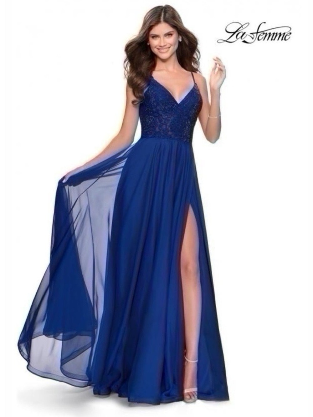 NEW La Femme Women’s Sparkle Lace Chiffon Gown Marine Blue 28664 - Picture 4 of 14